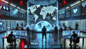 A high-tech war room filled with holographic displays, scrolling threat maps, and live attack simulations.Professionals of diverse backgrounds (network engineers, ethical hackers, AI specialists, etc.) collaborating in real-time. A central figure standing at a large transparent screen, analyzing cyberattacks happening across a world map, with red warning indicators flashing. A sense of urgency and unity—these are experienced defenders, not rookies, working together as the first line of defense against sophisticated threats. Dark, cyberpunk-style lighting, glowing blue and red accents to reflect the digital battleground.